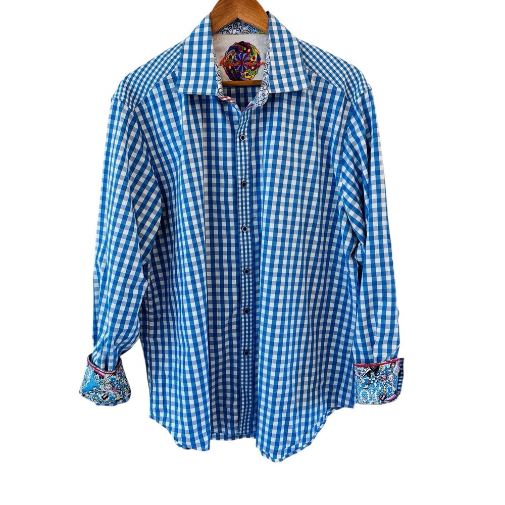 Robert Graham Flip Cuff Button Up Shirt Mens Size 2X Timepiece Novelty Gingham